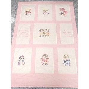 Vintage Hand Embroidered Baby Crib Quilt Pink Children Playing 1980s
